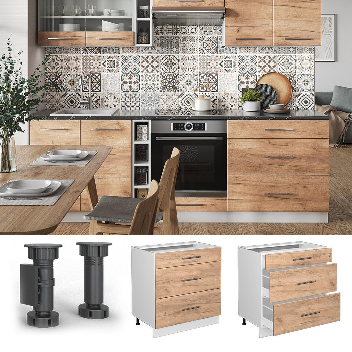 KÜCHENUNTERSCHRANK Fame-Line Goldkraft Eiche 80 cm mit 3 Schubladen, ohne Arbeitsplatte - Honigeiche/Weiß, Holzwerkstoff (80/82/51.6cm) - Vicco