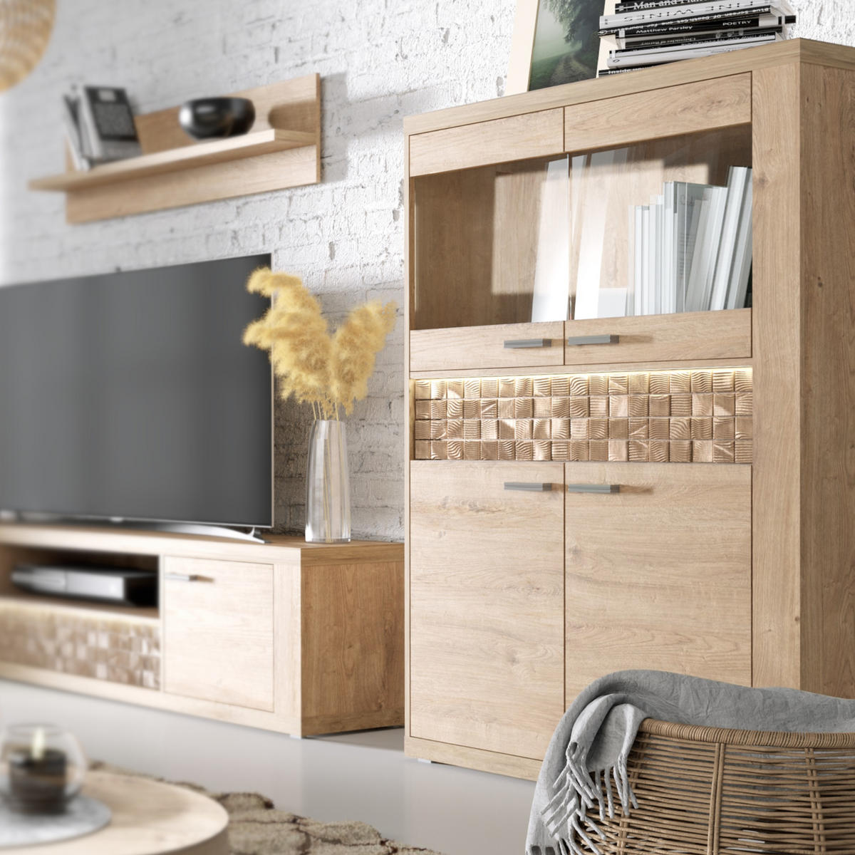 VITRINE BALESTRAND N5 Schublade Eiche - Eichefarben/Silberfarben, Glas/Holzwerkstoff (102/160/41cm) - Komodee