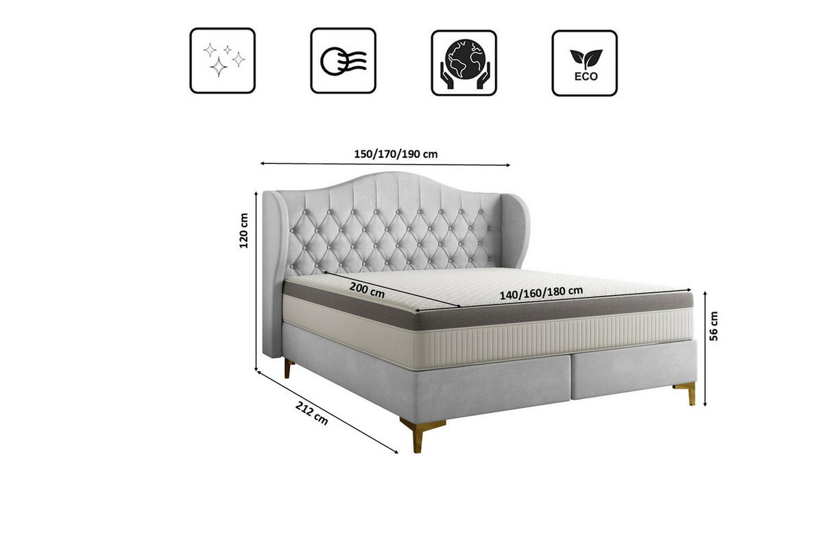 BETT mit Taschenmatratze LEGEND, Whisper-Stoff Silber 160x200 cm - Silberfarben, Holz/Textil (160/200cm) - Kaiser Möbel