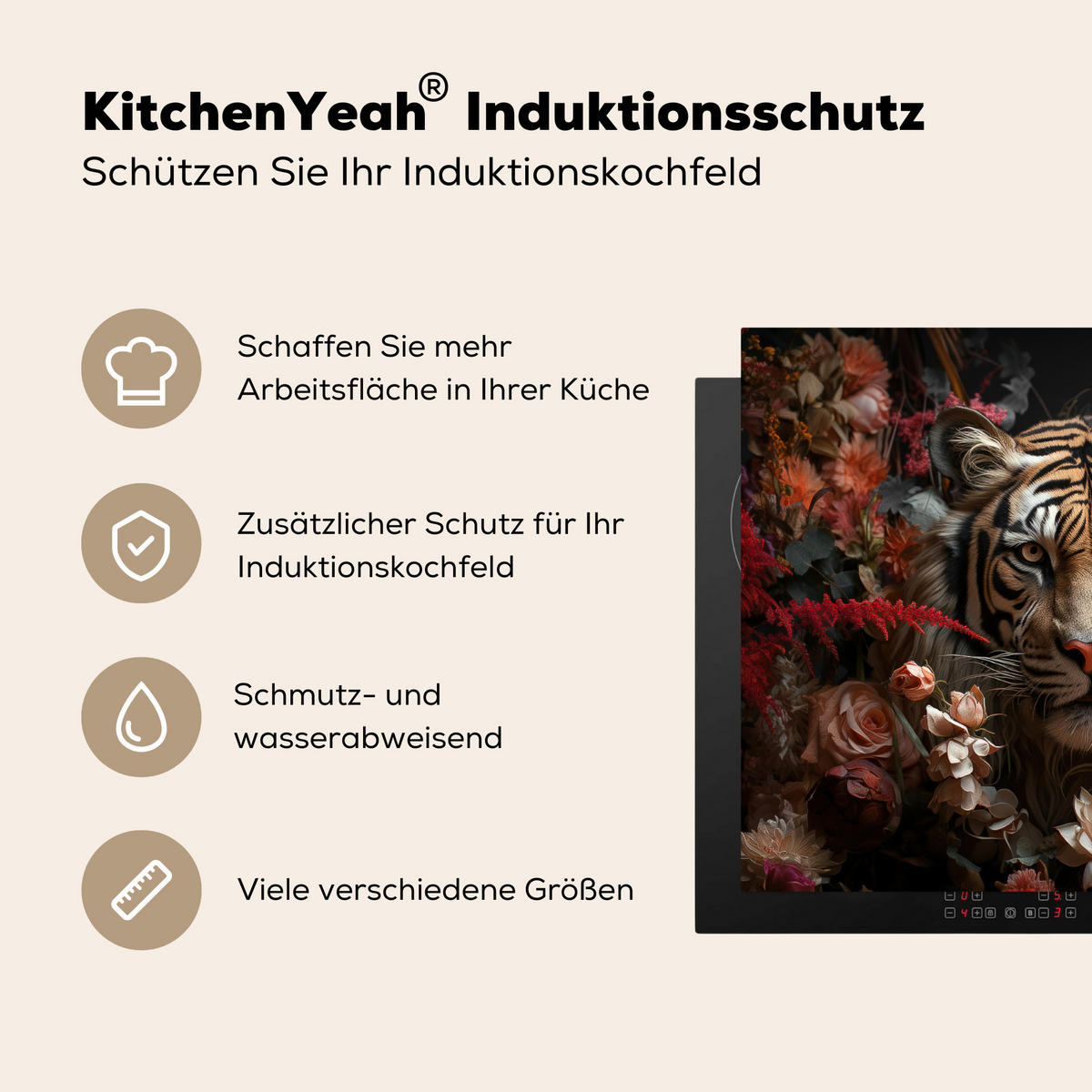 HERDABDECKPLATTE Tiger - Tier - Natur - Floral - Botanisch 65x52 cm - Orange, Kunststoff (65/0.2/52cm) - MuchoWow