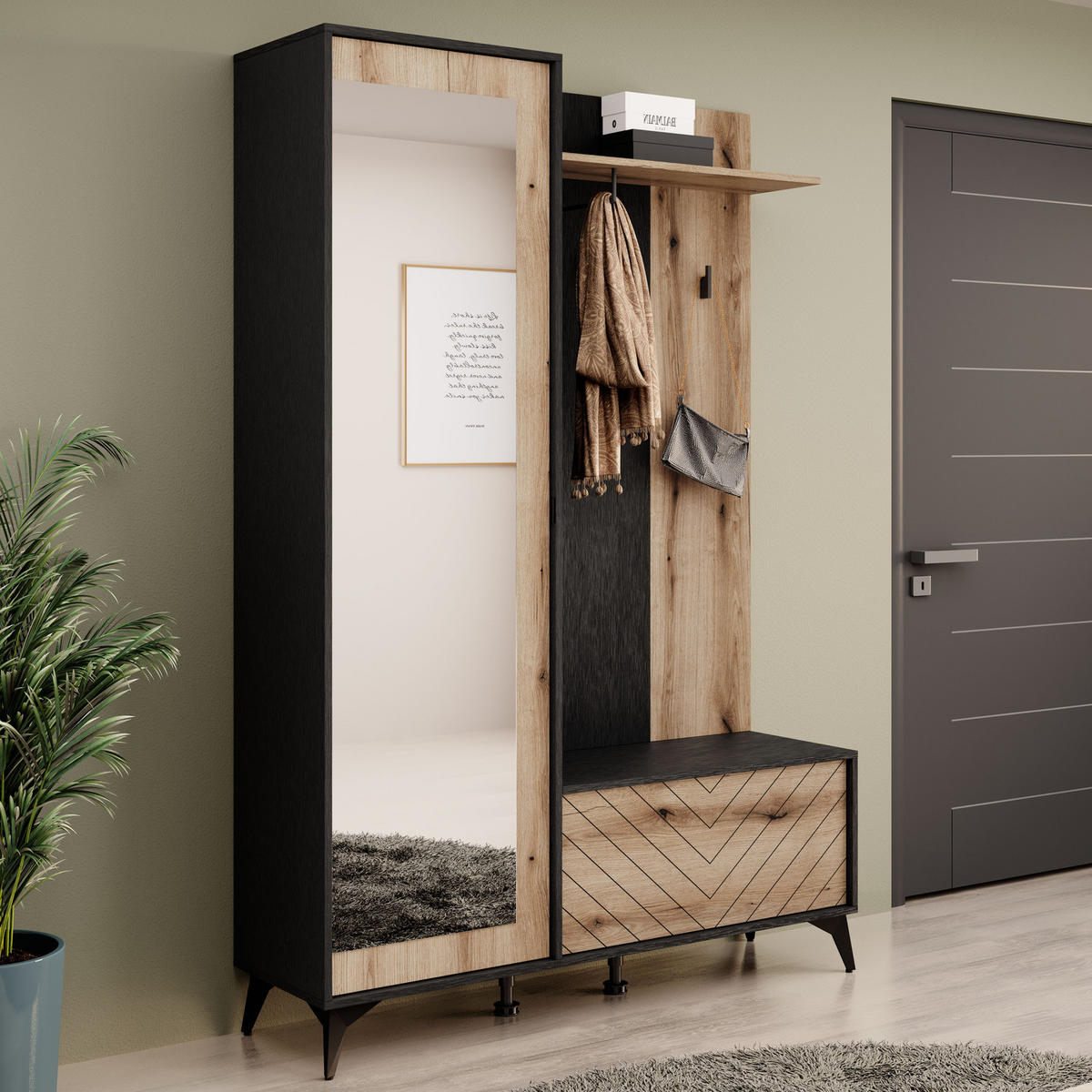 GARDEROBE DIAMOND 134 cm (Evoke Eiche, Schwarz, Spiegel, Gefräste Front, Metallfüße) - Eichefarben/Schwarz, Holz/Holzwerkstoff (131/192/40cm) - Ravio