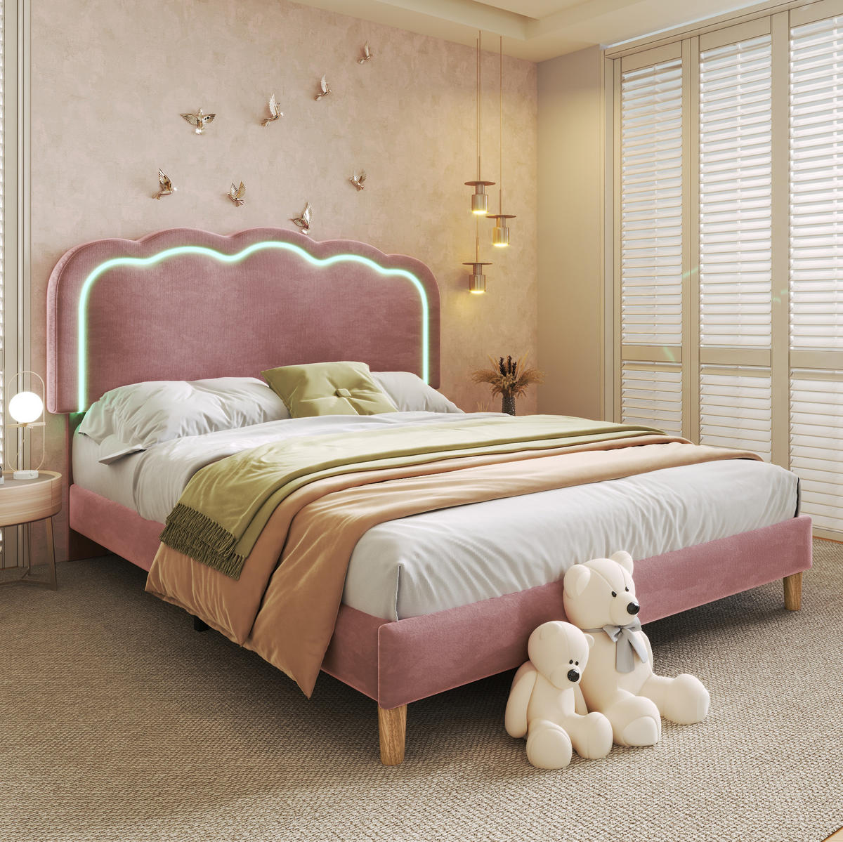 POLSTERBETT 140/200 cm in Rosa aus Samt mit LED-Beleuchtung - Pink, Textil (140/200cm) - Flora Grace