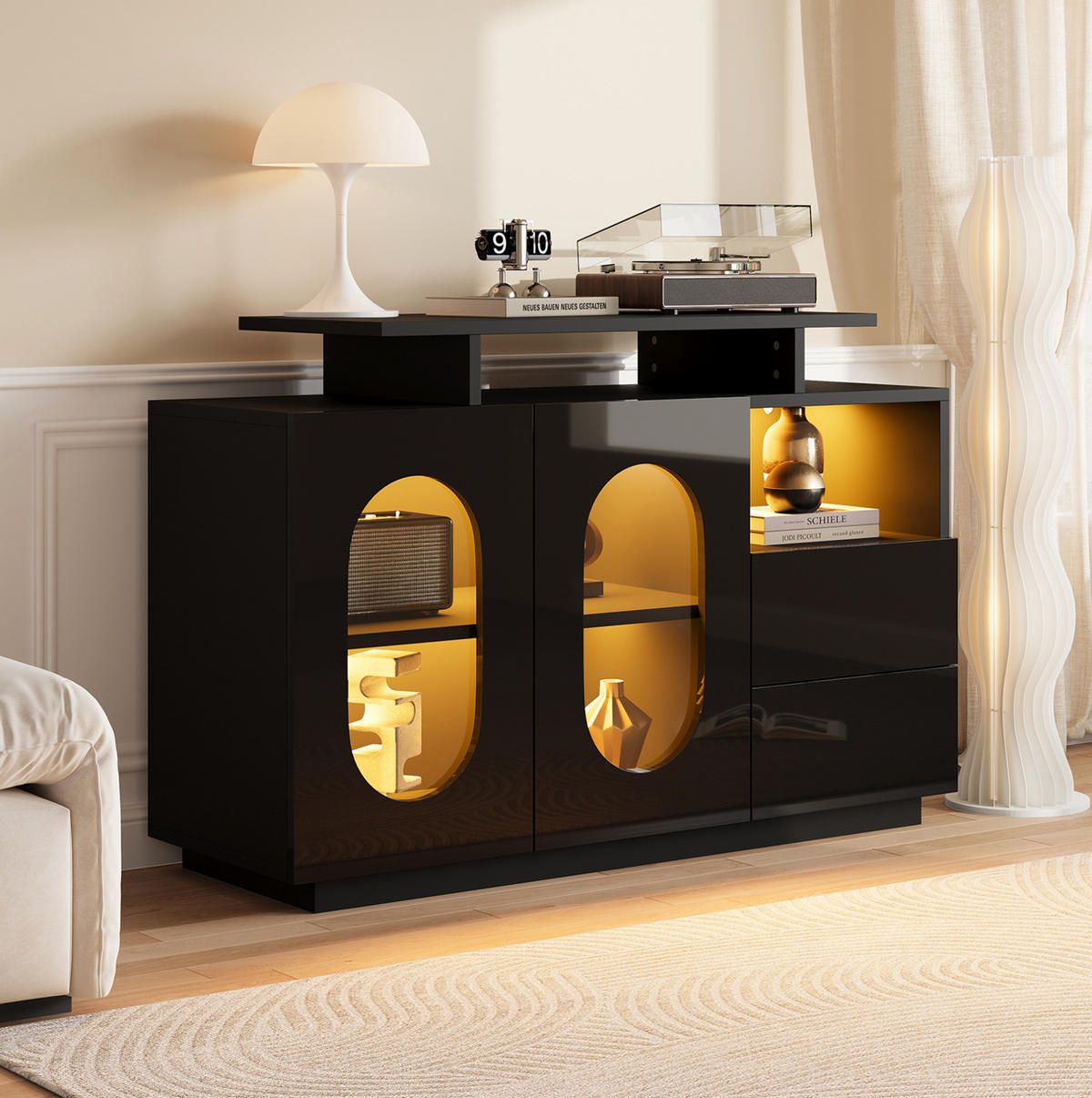 SIDEBOARD 120/40/80 cm mit LED, Glastür und Hochglanzfront in Schwarz - Schwarz, Holzwerkstoff (120/80/40cm) - BEAOK