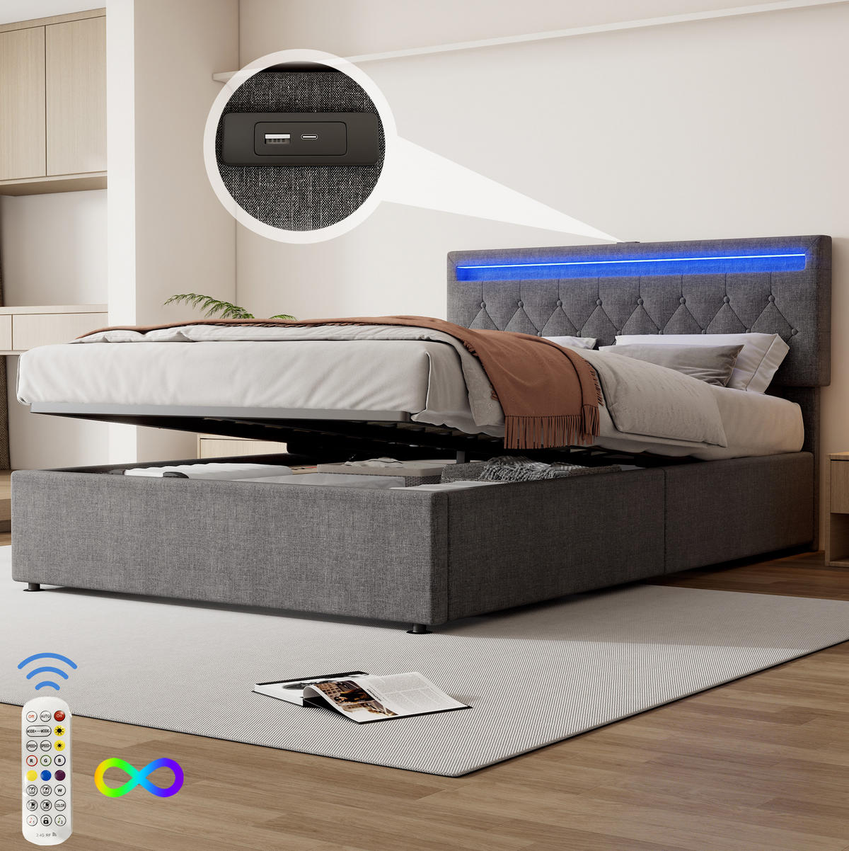 POLSTERBETT mit LED-Beleuchtung 140/200 cm in Grau mit Bettkasten & USB-C - Grau, Textil (140/200cm) - BEAOK
