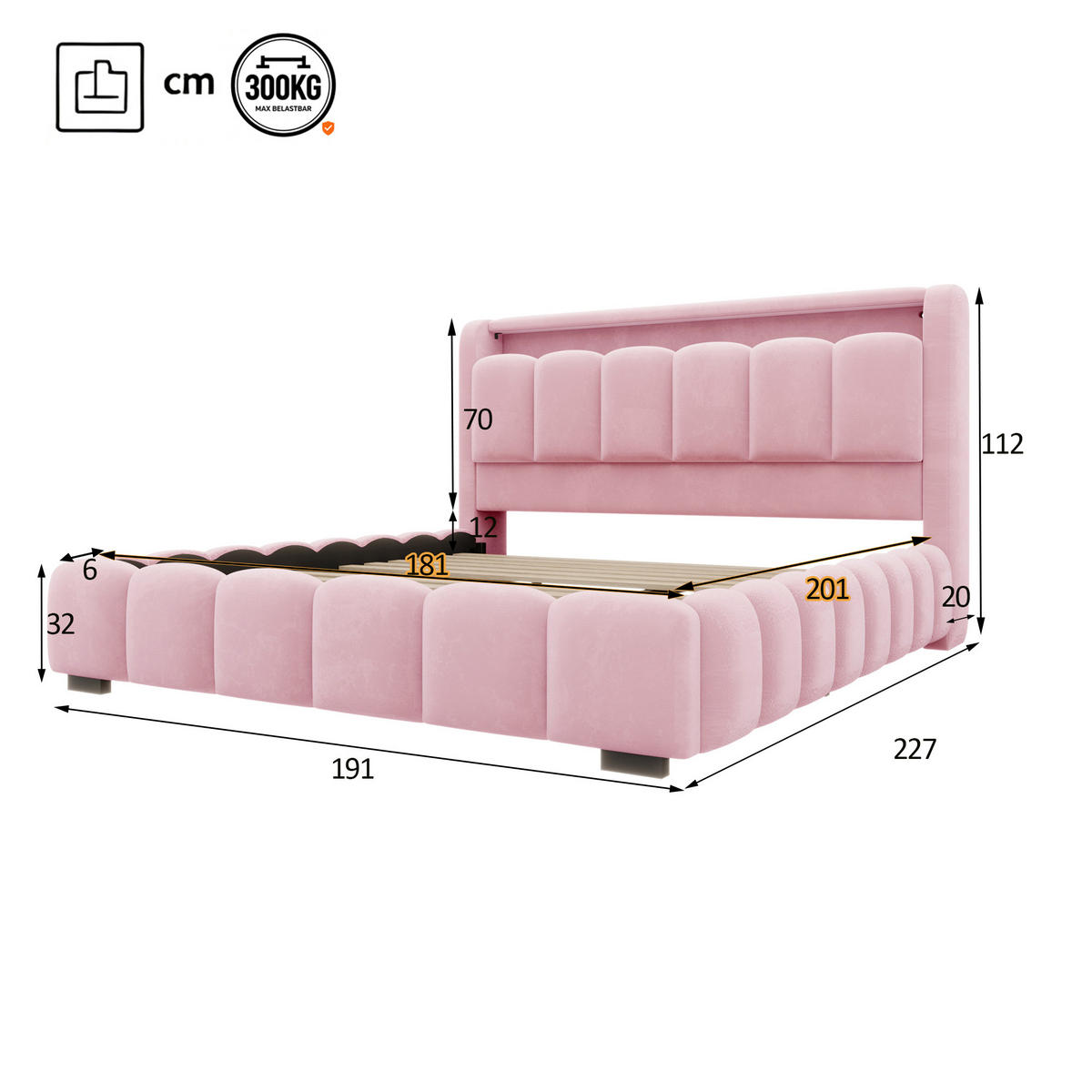 POLSTERBETT 180/200 mit LED/USB, Kopfteil Stauraum, Samt, Rosa - Rosa, Holz (180/200cm) - LVHOM