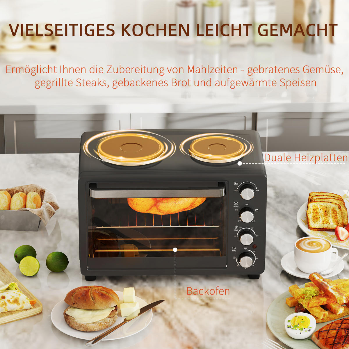 MINIBACKOFEN 28L 2600W mit 2 Kochplatten, Pizzaofen mit Backblech & Grillrost, 100-230°C, 60 Min. Timer, Schwarz - Schwarz, Metall (48.6/33/36.3cm) - Beaface