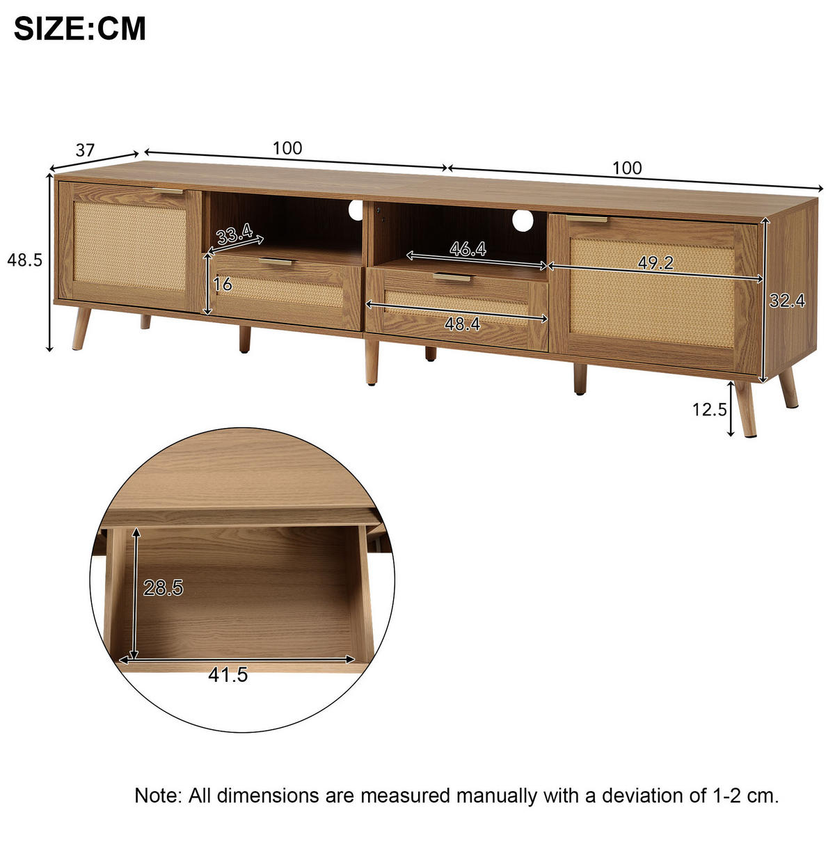 LOWBOARD 200/37/49 cm aus Holzwerkstoff mit Rattandesign Eichefarben - Braun, Holzwerkstoff (200/49/37cm) - Modenvie