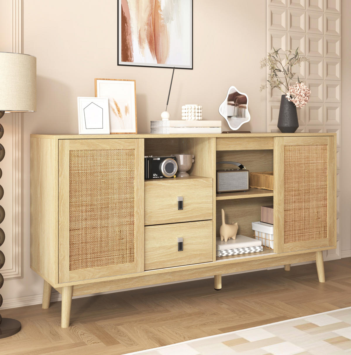 SIDEBOARD mit Schiebetüren und 2 Schubladen 155 x 38 x 80 cm Rattan Holz - Hellbraun, Holzwerkstoff (155/80/38cm) - Meubliv