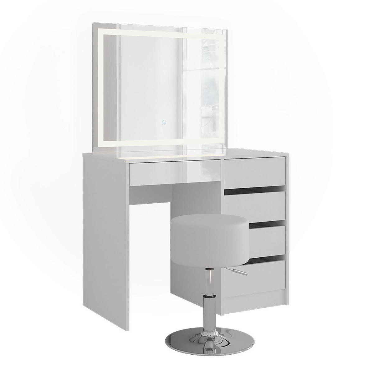 SCHMINKTISCH Sherry Weiß/Weiß Hochglanz 89.8 cm mit LED-Spiegel und Hocker - Weiß Hochglanz, Holzwerkstoff (89.8/76/50.1cm) - Vicco