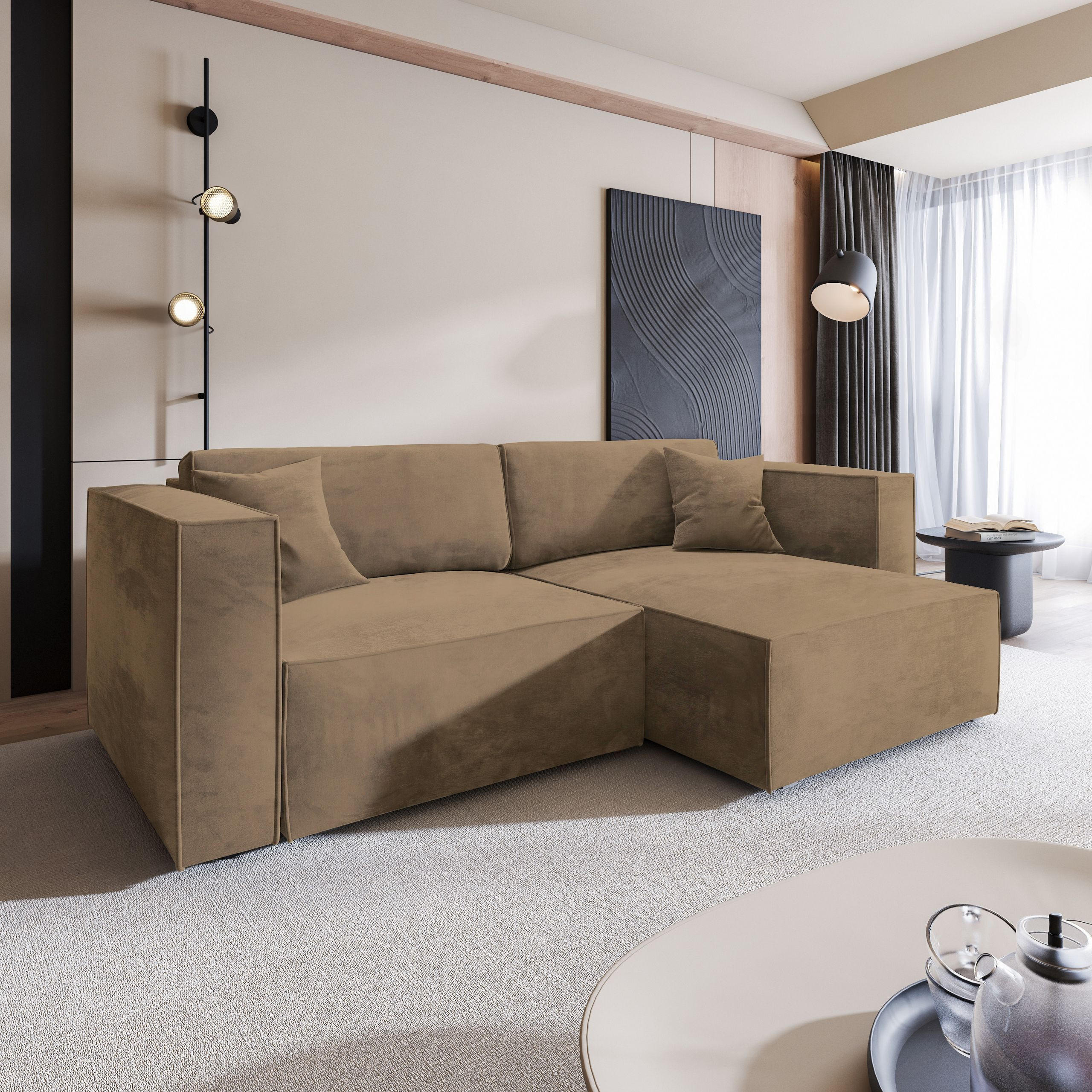 ECKSOFA NERIO M Beige Velours-Stoff mit Schlaffunktion - Beige, Holz (245/148cm) - MASSENO