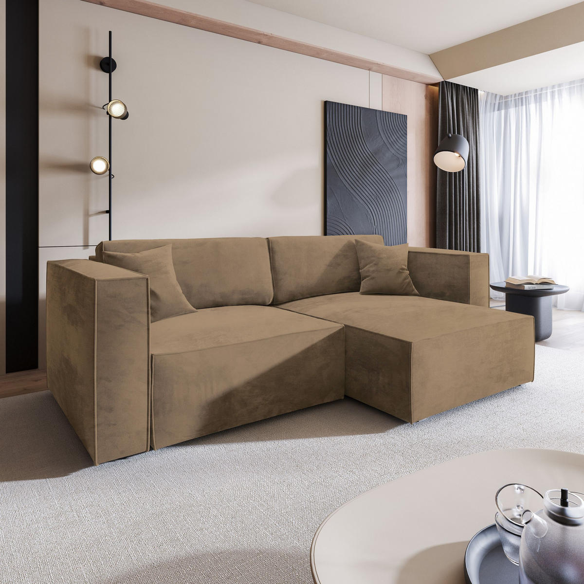 ECKSOFA NERIO M Beige Velours-Stoff mit Schlaffunktion - Beige, Holz (245/148cm) - MASSENO