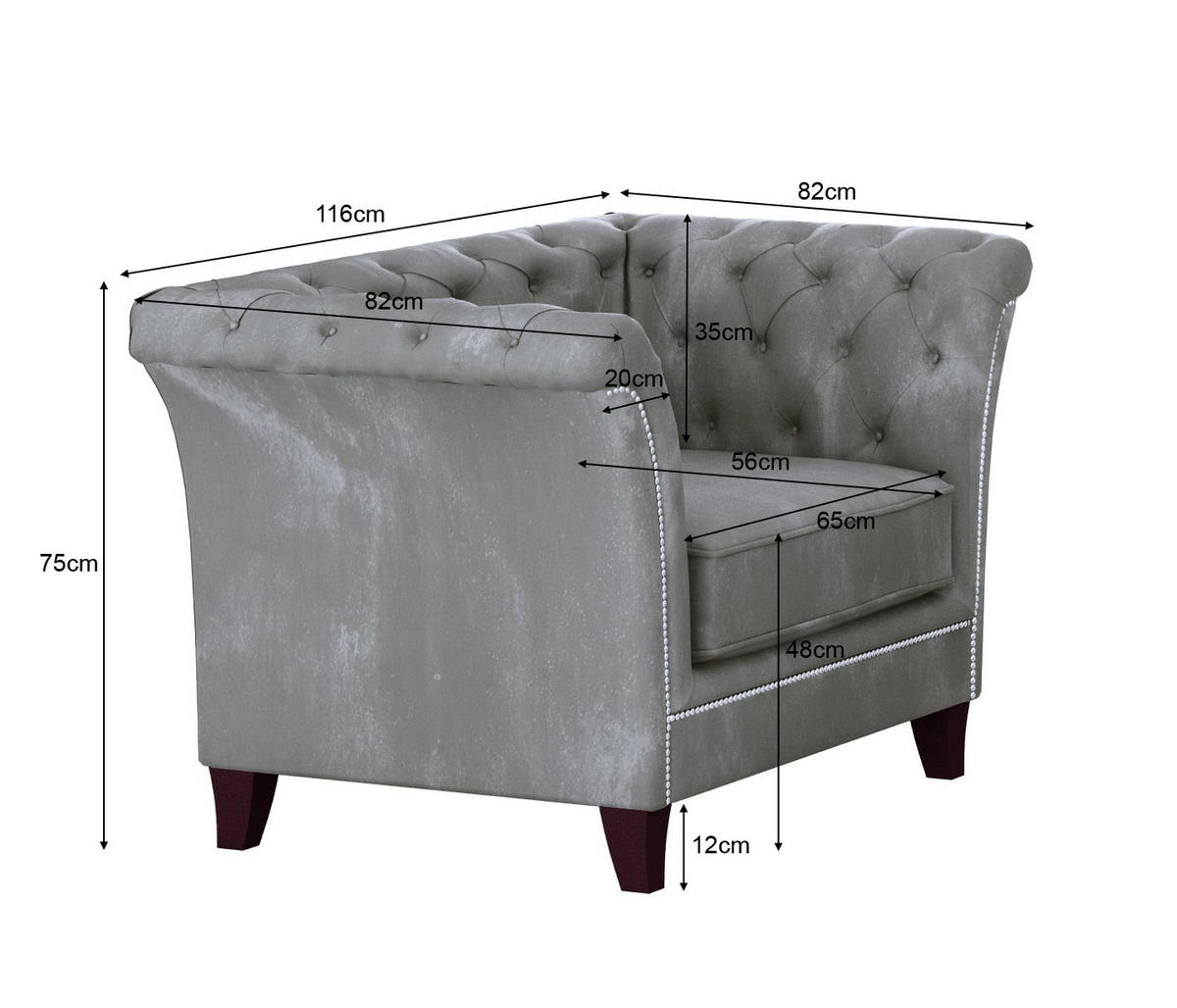 CHESTERFIELD-SESSEL Fusion Grau Samt - Braun/Grau, Holz/Textil (116/75/82cm) - S-Style Möbel