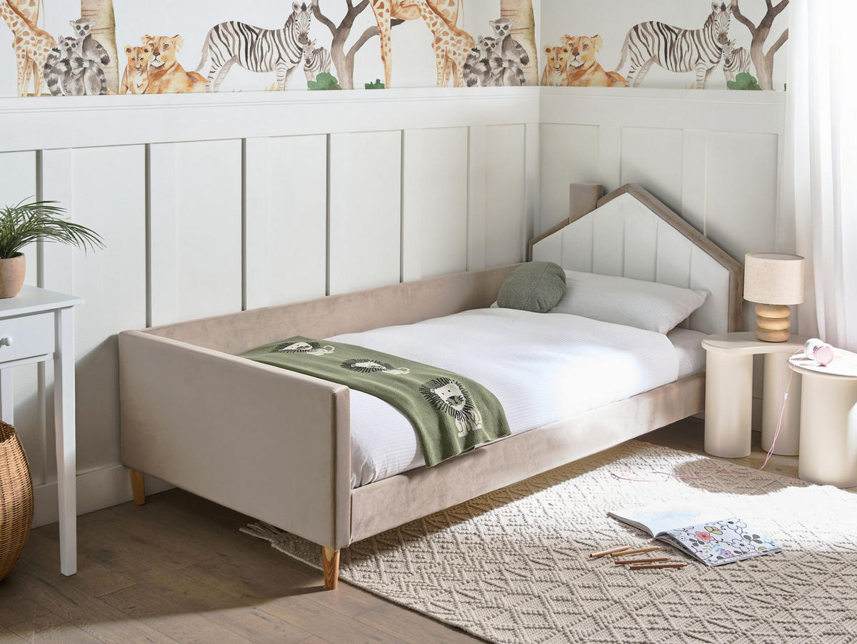 DĚTSKÁ POSTEL Domeček Sametová látka 90/200 cm Taupe Kervan - šedohnědá, textil (90/200cm) - Beliani