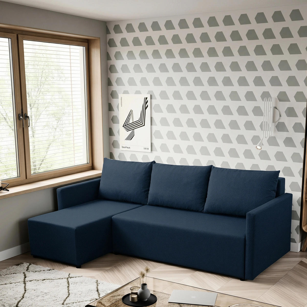ECKSOFA Solid mit Schlaffunktion und Bettkasten - Dunkelblau, Holz/Holzwerkstoff (217/138cm) - Ravio