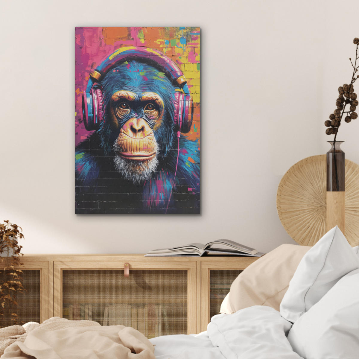 AKUSTIKBILD Graffiti - Schimpanse - Straßenkunst - Kopfhörer - Affe Kunstdruck Schlafzimmer 50x70 cm - Blau, Kunststoff (50/70/0.9cm) - MuchoWow
