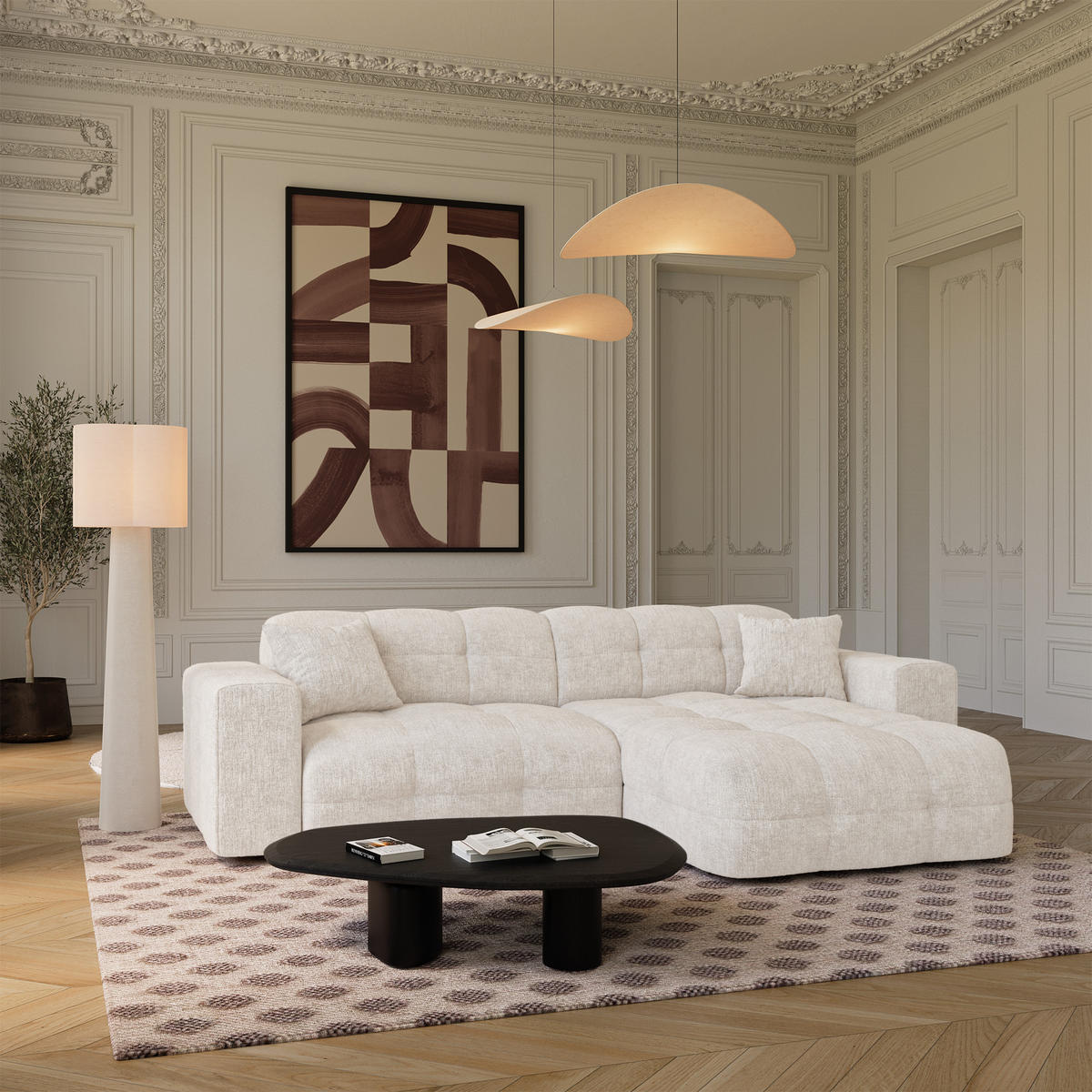 ECKSOFA rechtwinklig COCOON Geprägter Samt Creme 230cm - Creme, Textil (230/155cm) - Premium Interiors
