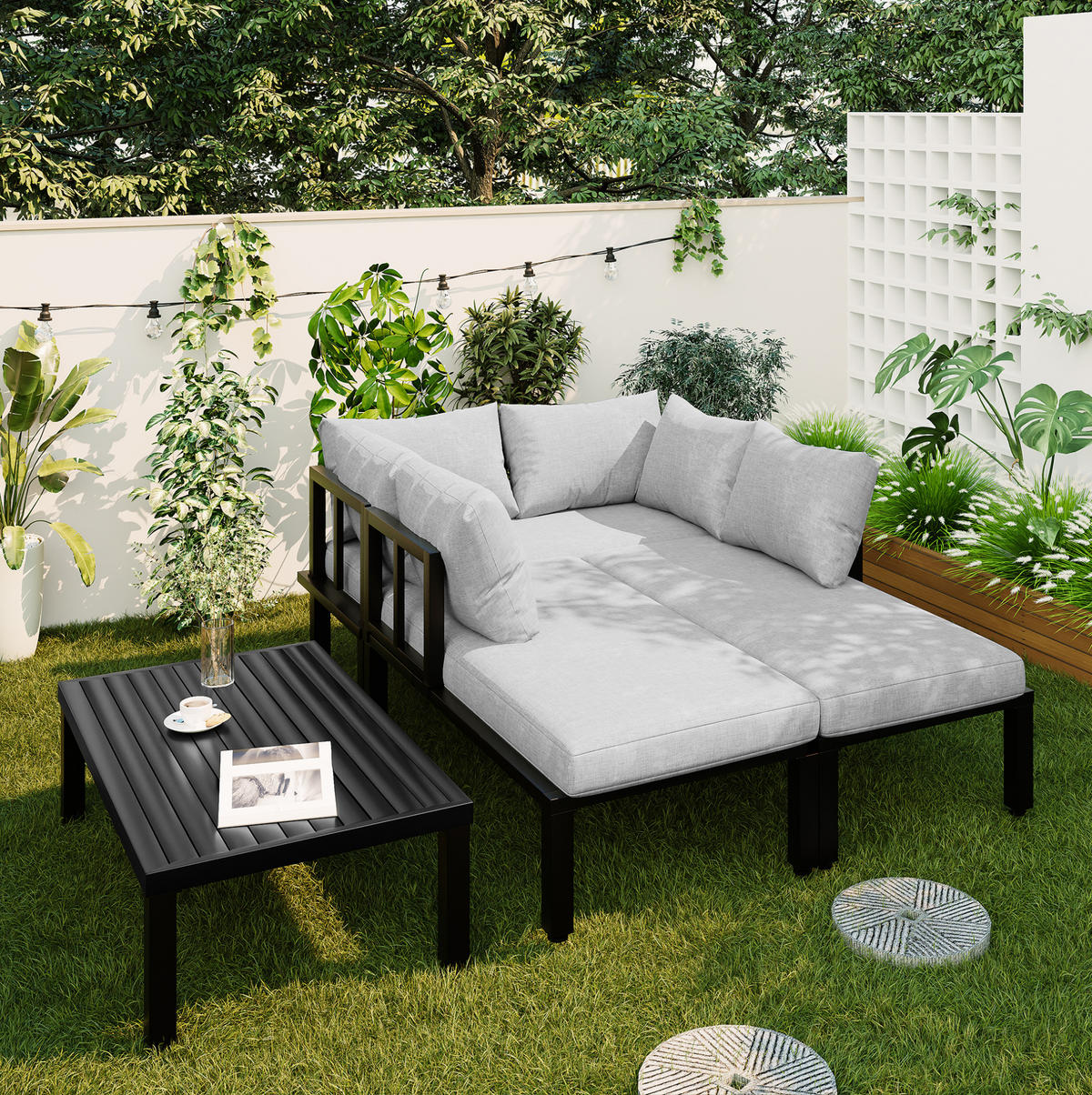 GARTENGARNITUR aus Polyester 6-Sitzer Grau mit modularem Sofa, abnehmbaren Rückenlehnen und Couchtisch - Grau, Metall - Modfu