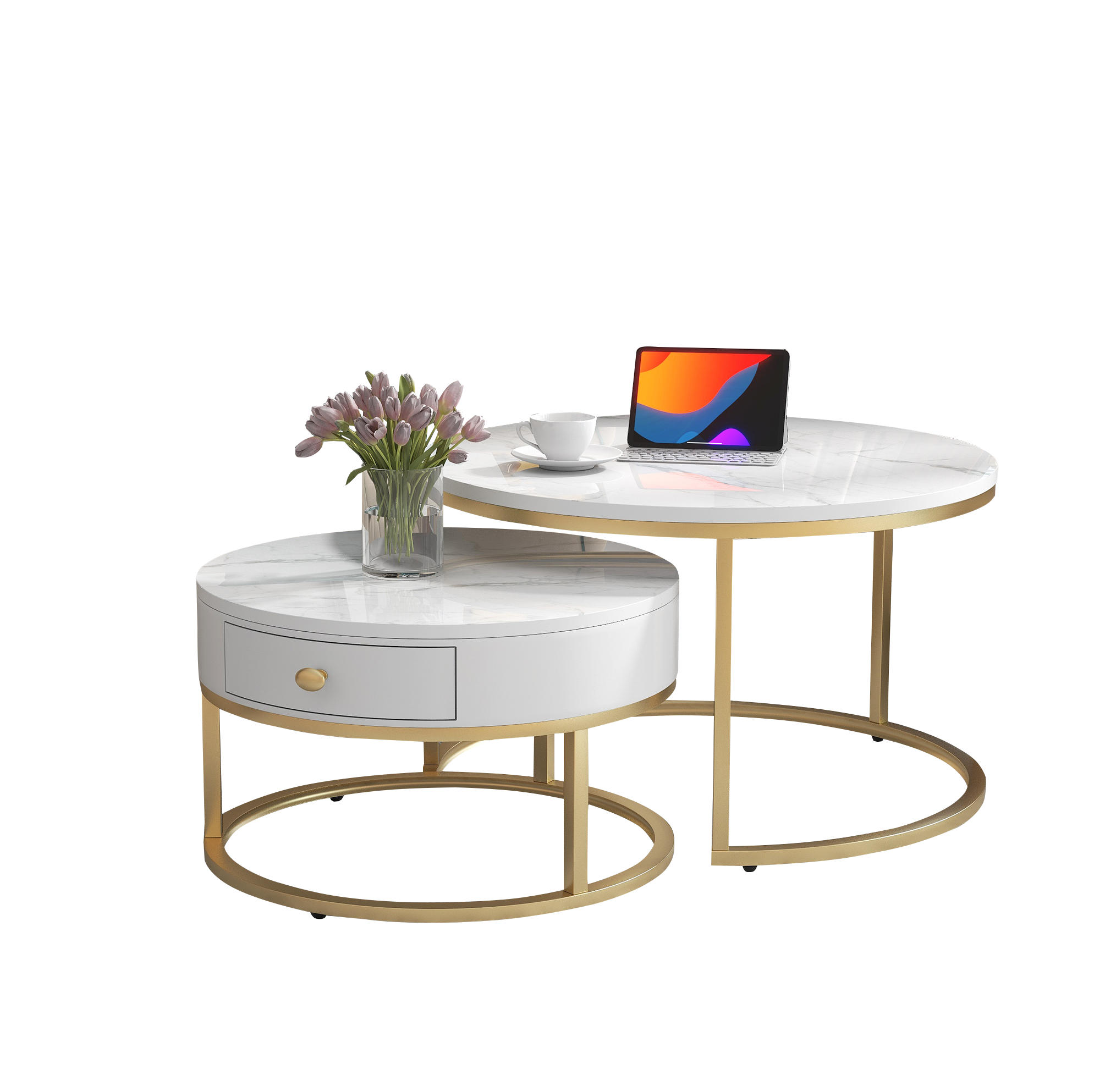 COUCHTISCH 2er-Set rund nestbar MDF Gloss White - Weiß, Holz (70/70/45cm) - Meubliv