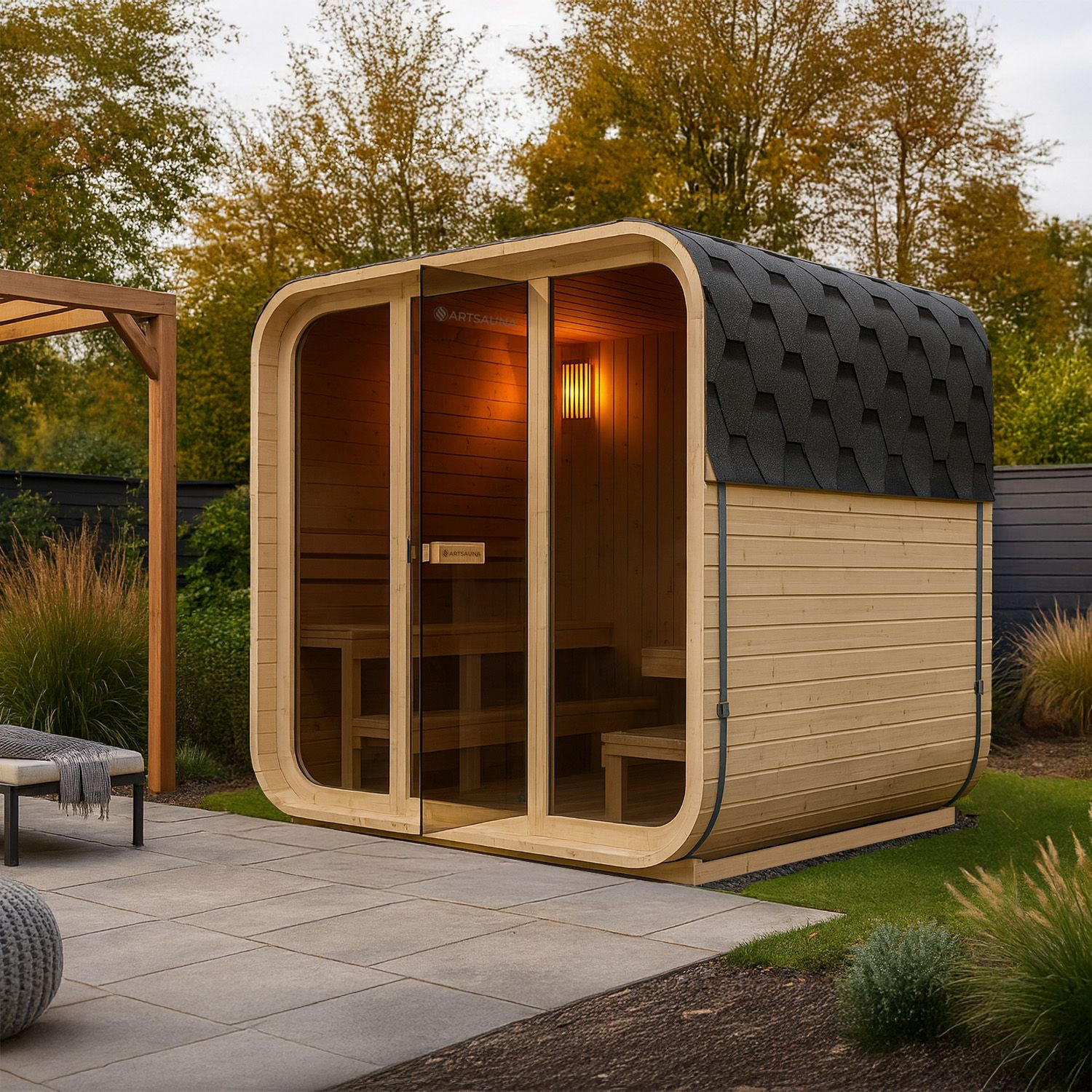FASSSAUNA Fjora mit 9 kW Saunaofen (6 Personen) - Naturfarben, Holz (228/225/180cm) - Artsauna
