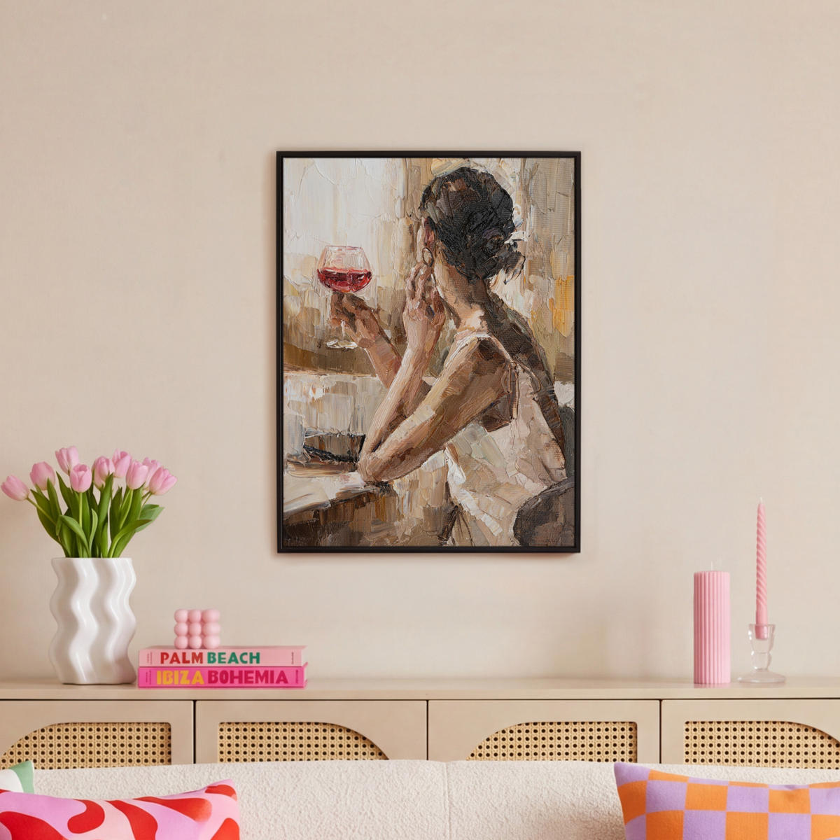LEINWAND Bilder mit Rahmen - Ölgemälde - Frau - Wein - 50x70 - Hellbraun, Textil (50/70cm) - MuchoWow
