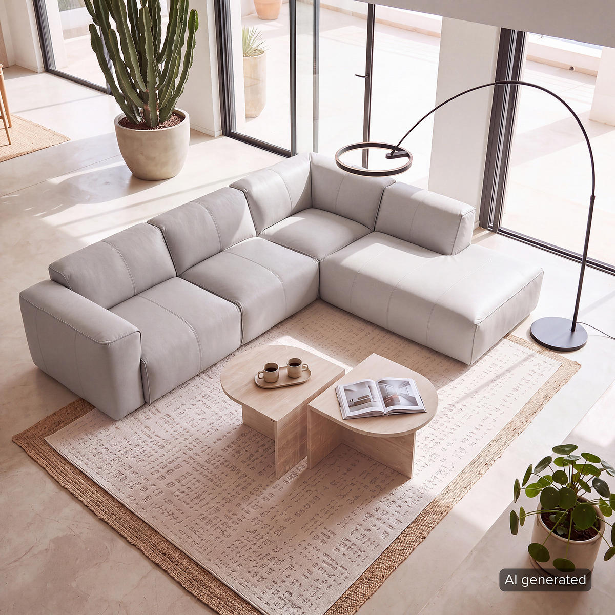 3-SITZER ECKSOFA mit Recamiere - Hellgrau/Schwarz, Leder/Kunststoff (295/231cm) - home24