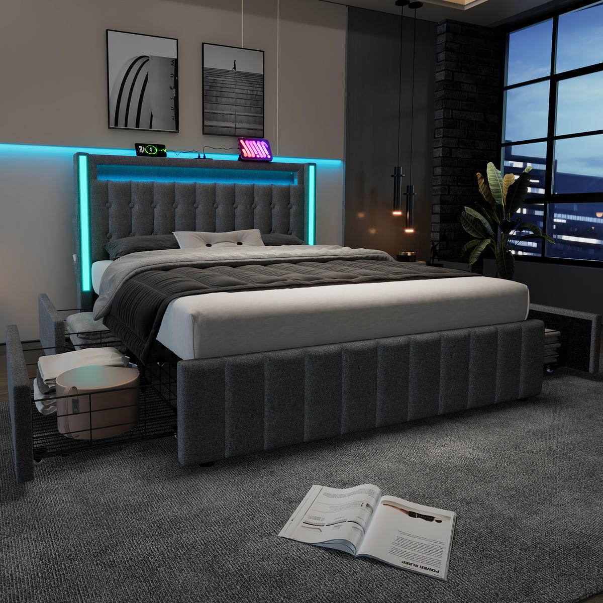 ČALOUNĚNÁ postel 160/200 cm šedá ze lnu s LED osvětlením USB a 4 zásuvkami - šedá, textil (160/200cm) - OKWISH