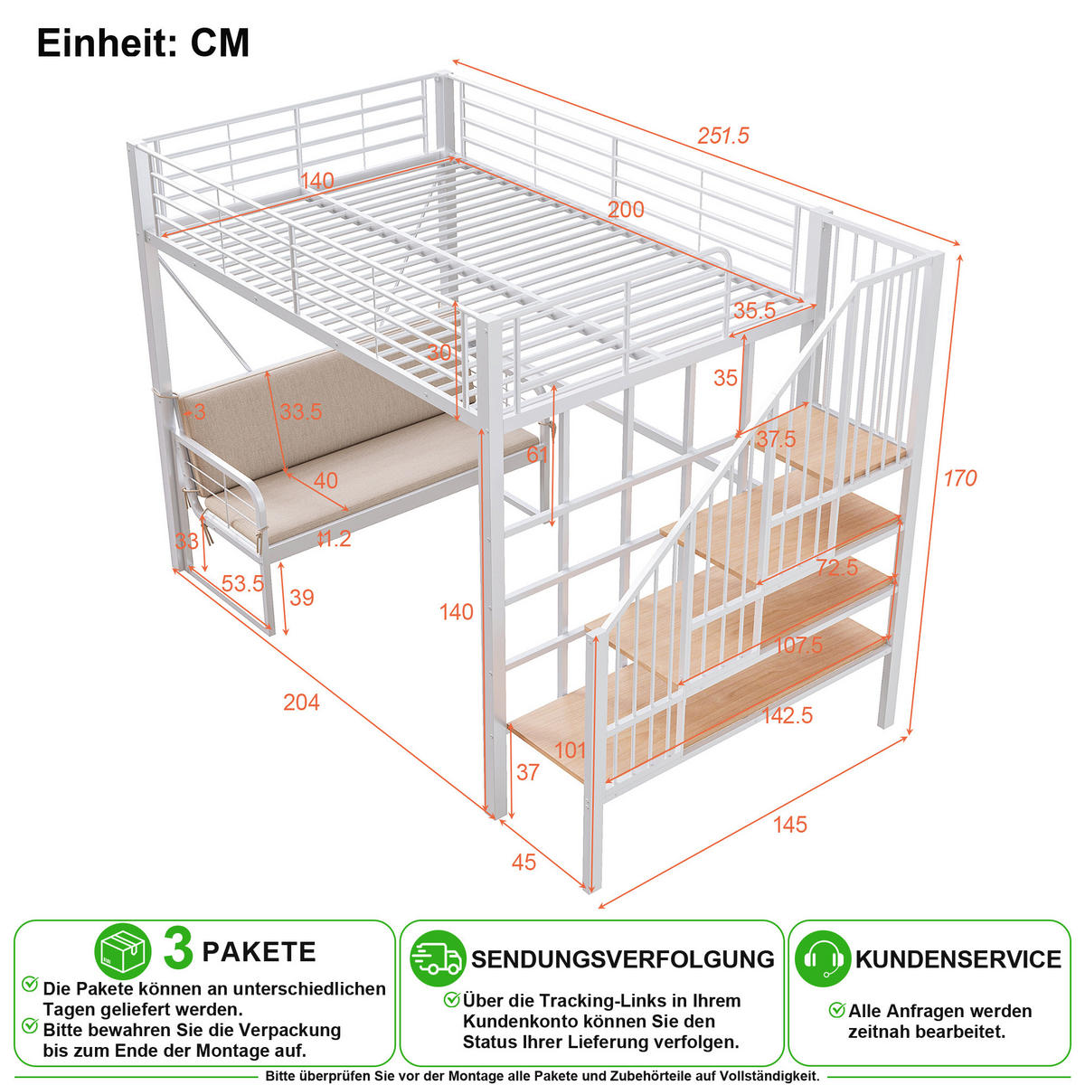 PATROVÁ POSTEL 140/200 cm v bílé barvě se schodištěm, úložným prostorem a odnímatelnou pohovkou - bílá, kov/kompozitní dřevo (140/200cm) - CHICFURN