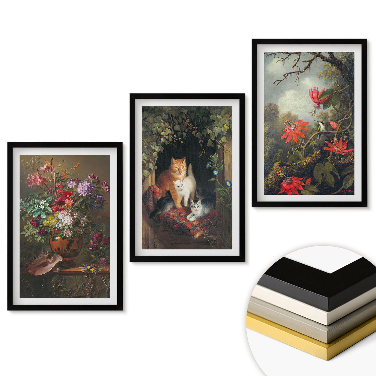 WANDBILDER 3er-Set - 40x60 cm Schwarzer Rahmen - Vintage-Blumen, Katzen, Natur - Schwarz, Kunststoff (40/60cm) - ArtPrintCave
