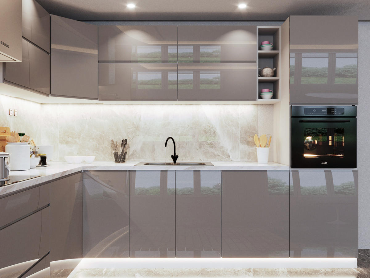 ECKKÜCHE - 340x270 cm Glanzia – KU-S20 – Grau Hochglanz - Grau, Holzwerkstoff (340/212/270cm) - hi-markt