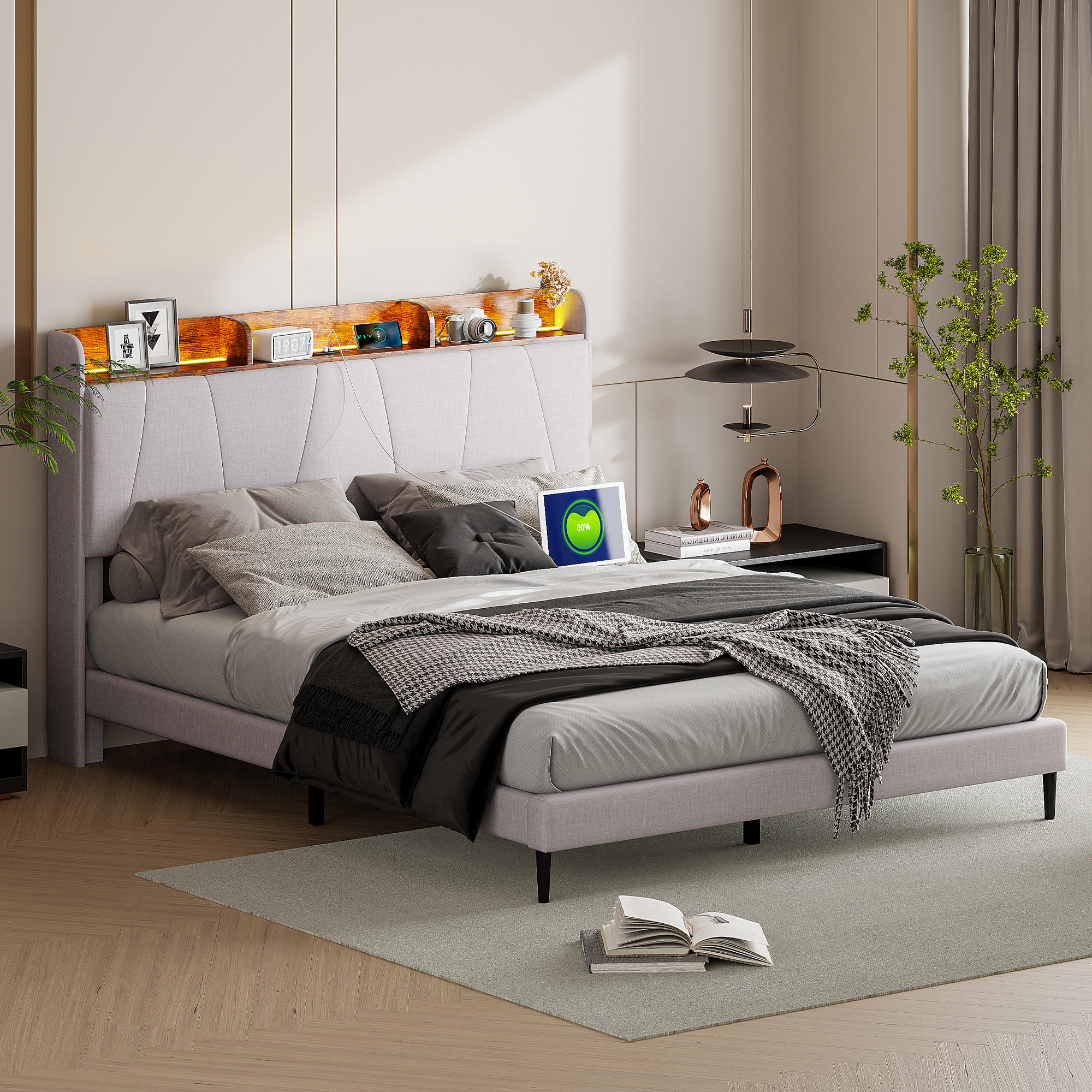 POLSTERBETT 160x200 cm, Beige, LED-Beleuchtung, USB/TPCY-C - Beige, Textil/Metall (160/200cm)