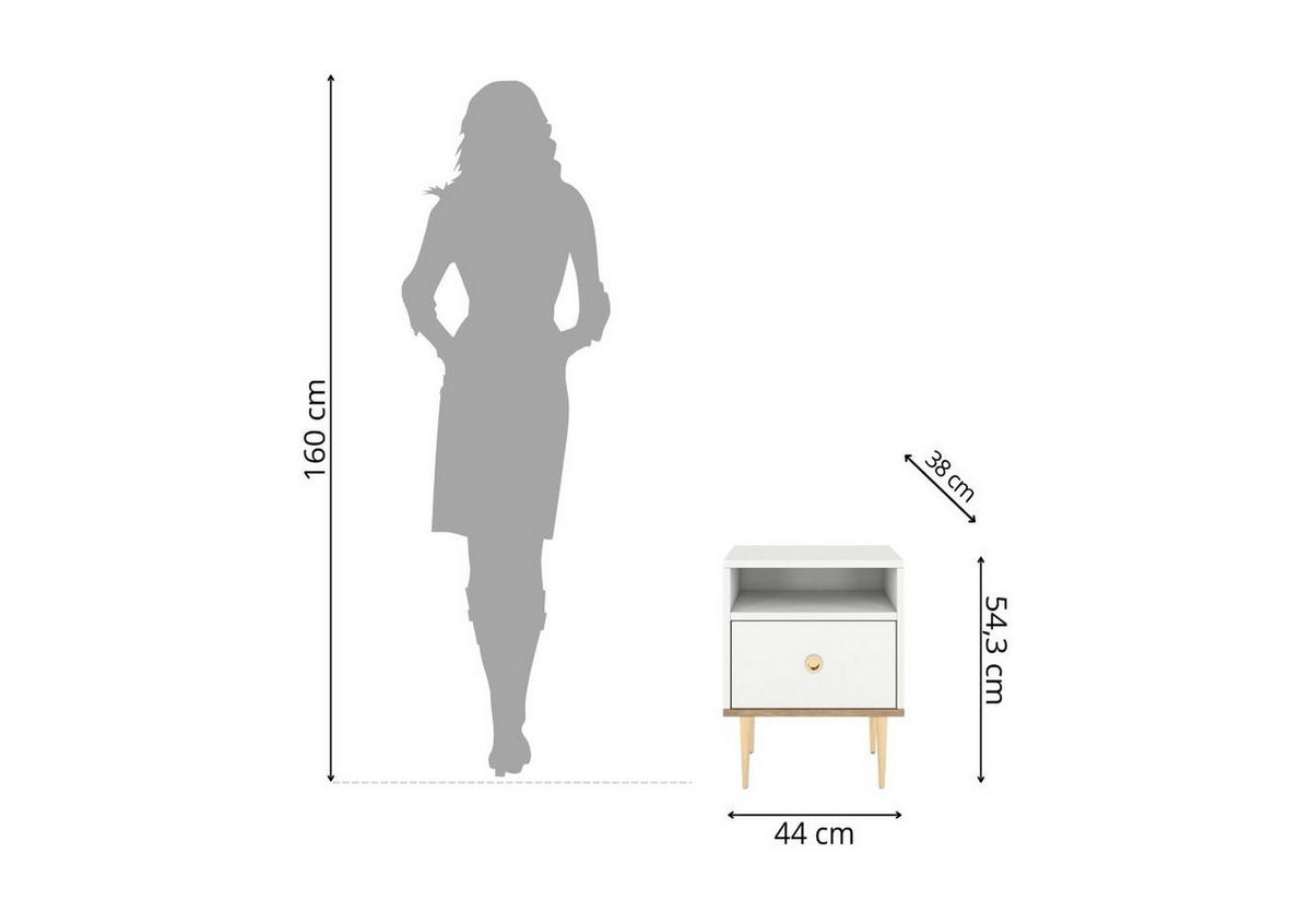 NACHTTISCH Harmoni, Weiß, Eiche, Goldene Details - Goldfarben/Weiß, Holzwerkstoff/Metall (44/54/38cm) - Skandica