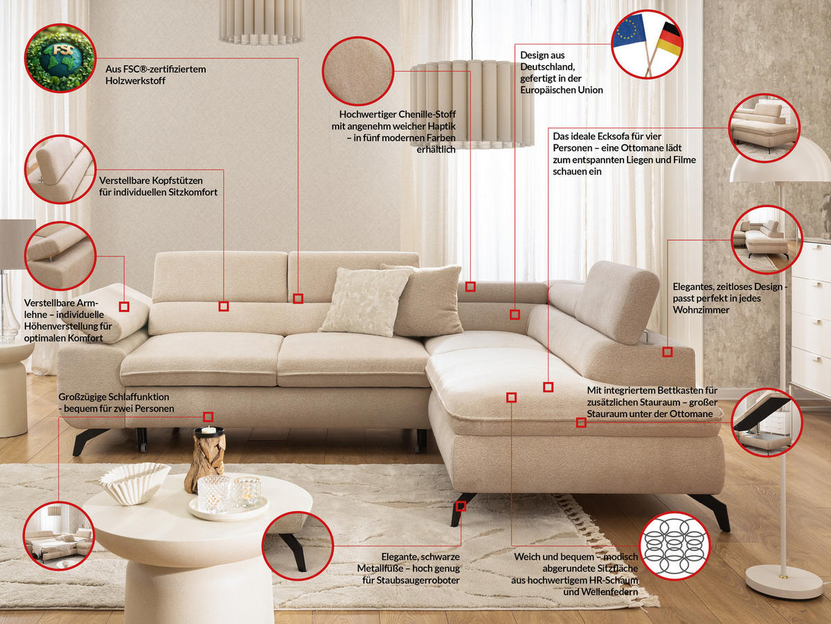 ECKSOFA mit Schlaffunktion und Bettkasten Bonnie aus Taupe Chenille-Stoff mit verstellbaren Kopfstützen und Armlehne - Ottomane rechts - Taupe/Schwarz, Holz/Textil (275/210cm) - S-Style Möbel