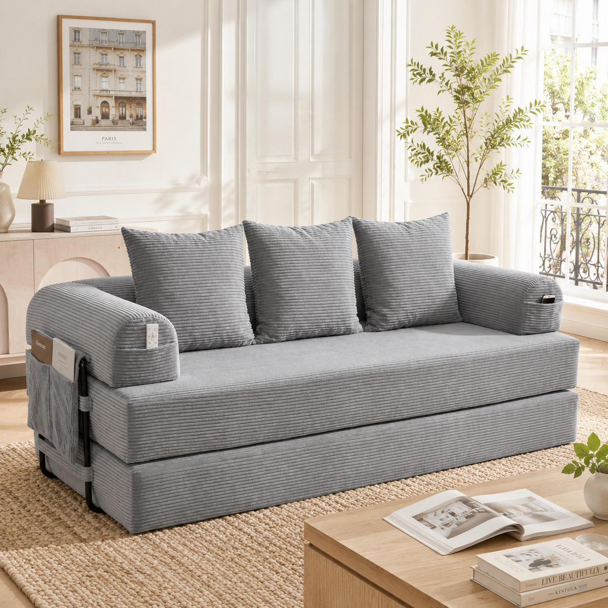 SCHLAFSOFA DE-33705 mit 3 Kissen und Seitentasche Hellgrau - Hellgrau, Textil (200/67/94cm) - ComfortXL