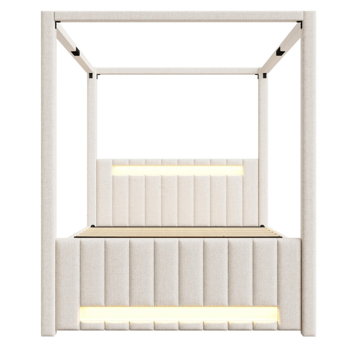 NEBESKÁ posteľ 140/200 cm béžová s výsuvným lôžkom, LED osvetlením a zásuvkami z MDF a ľanovej tkaniny - béžová, textil (140/200cm) - OKWISH