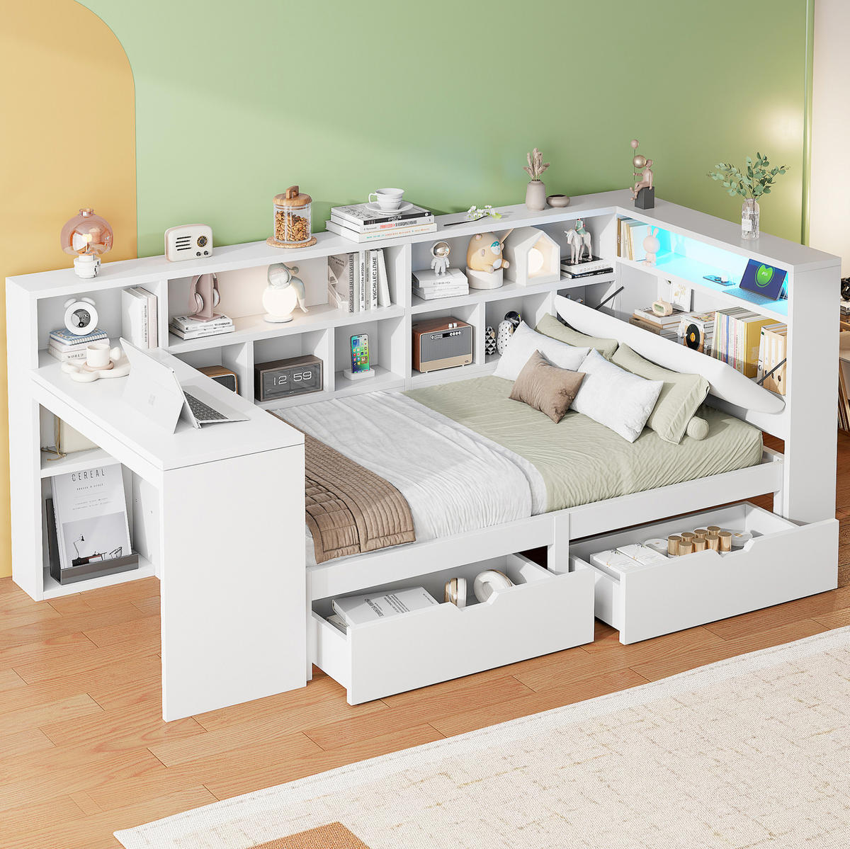 BETT 90/200 cm mit Kopfteil, Schreibtisch, Regal und Schubladen in Weiß - Weiß, Holzwerkstoff (90/200cm) - BEAOK