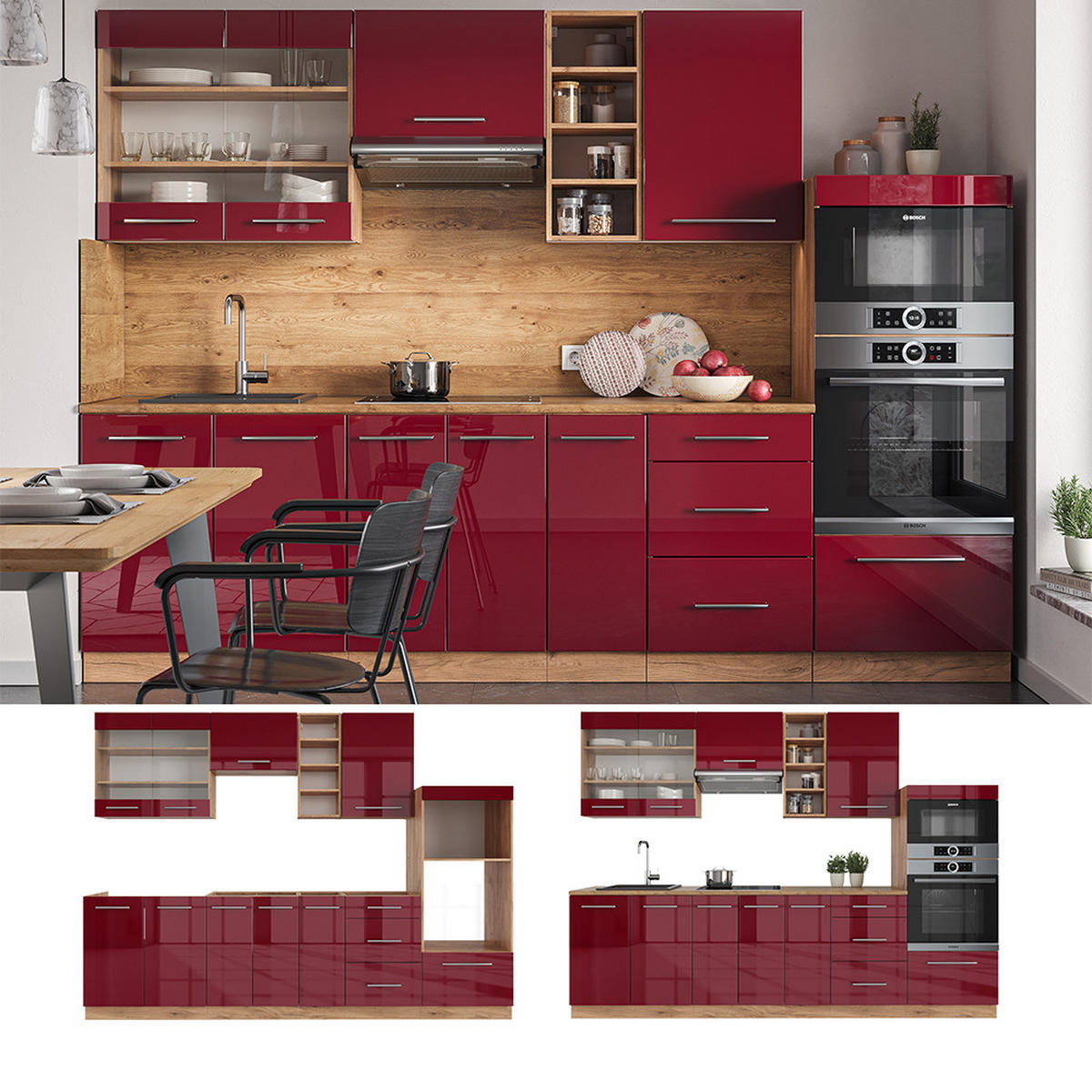 KÜCHENZEILE Fame-Line Bordeaux Hochglanz/Goldkraft Eiche 280 cm ohne AP - Bordeaux/Eiche Wotan, Holzwerkstoff (280/81.6/46cm) - Vicco