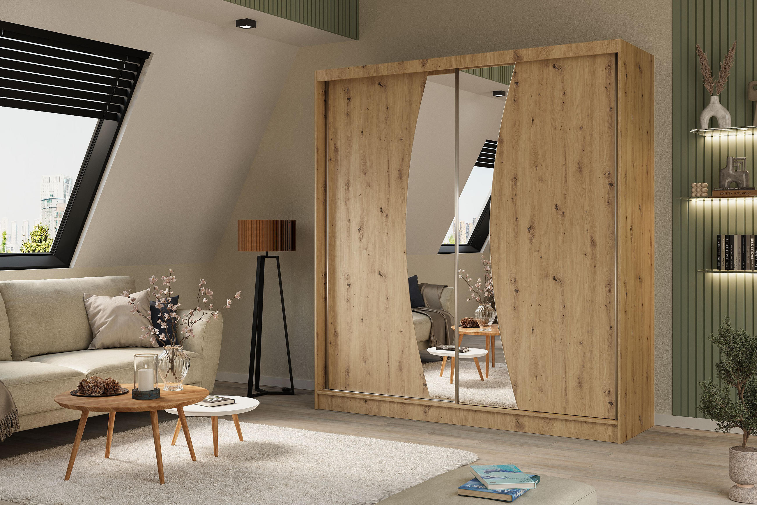 SCHWEBETÜRENSCHRANK VOCE 200/216/61 cm 2-türig mit Spiegel Eiche Artisan - Eiche Artisan, Holzwerkstoff (200/216/61cm) - MASSENO