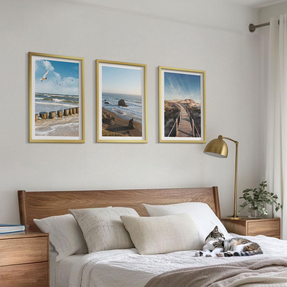WANDBILDER 3er Set - 40x60 cm Goldrahmen - Strandwellen, Himmelsbrücke, Spaziergang - Goldfarben, Kunststoff (40/60cm) - ArtPrintCave