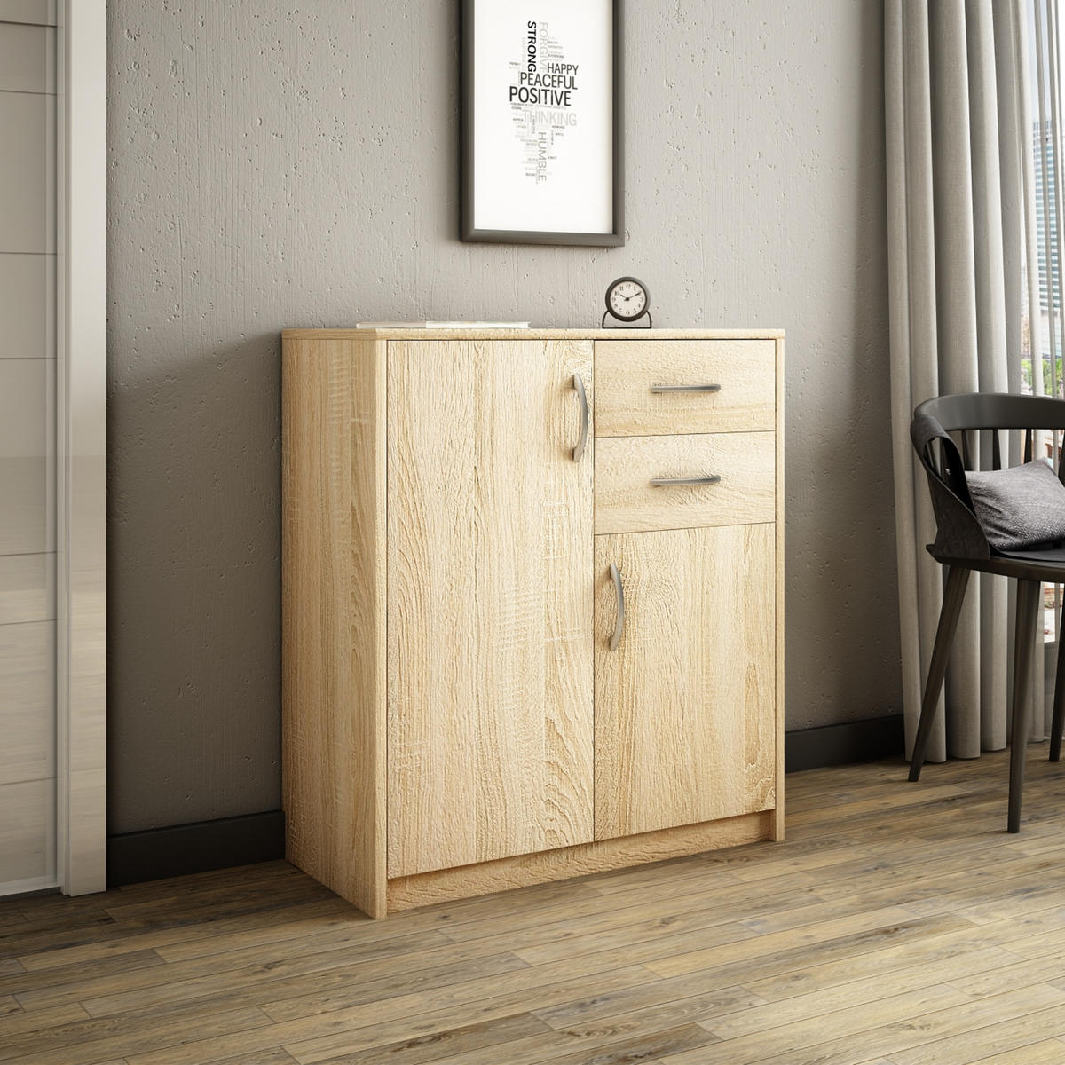 KOMMODE mit 2 Schubladen und 2 Türen - Hellbraun, Holzwerkstoff (74/85/35cm) - Home Collective