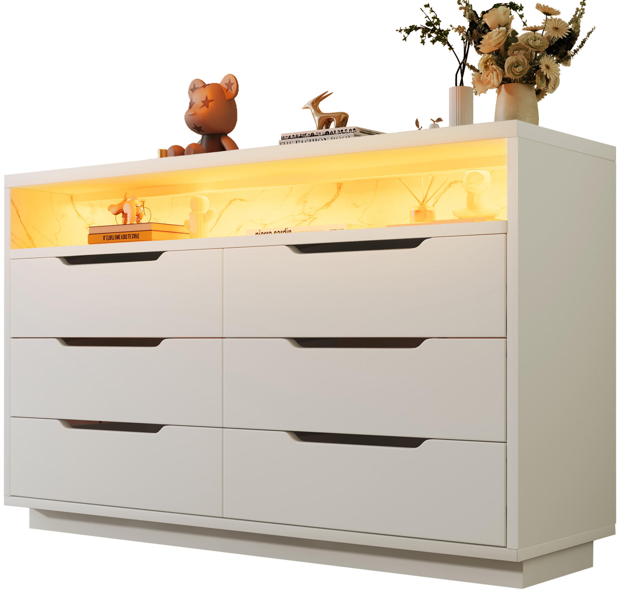 Modfu KOMODA z dřevotřísky 120x85x40 cm bílá s LED osvětlením, 6 zásuvkami a otevřenou přihrádkou