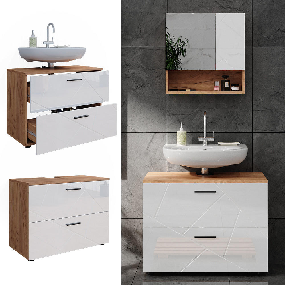 WASCHBECKENUNTERSCHRANK Irma Weiß Hochglanz/Goldkraft Eiche 80 x 58.6 cm - Weiß Hochglanz/Eiche Wotan, Holzwerkstoff (80/58.6/41cm) - Vicco