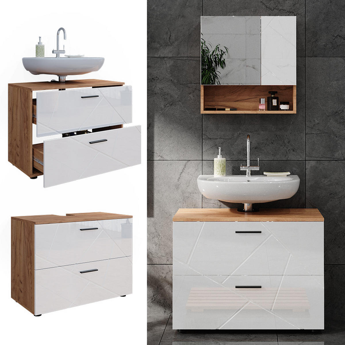 WASCHBECKENUNTERSCHRANK Irma Weiß Hochglanz/Goldkraft Eiche 80 x 58.6 cm - Weiß Hochglanz/Eiche Wotan, Holzwerkstoff (80/58.6/41cm) - Vicco