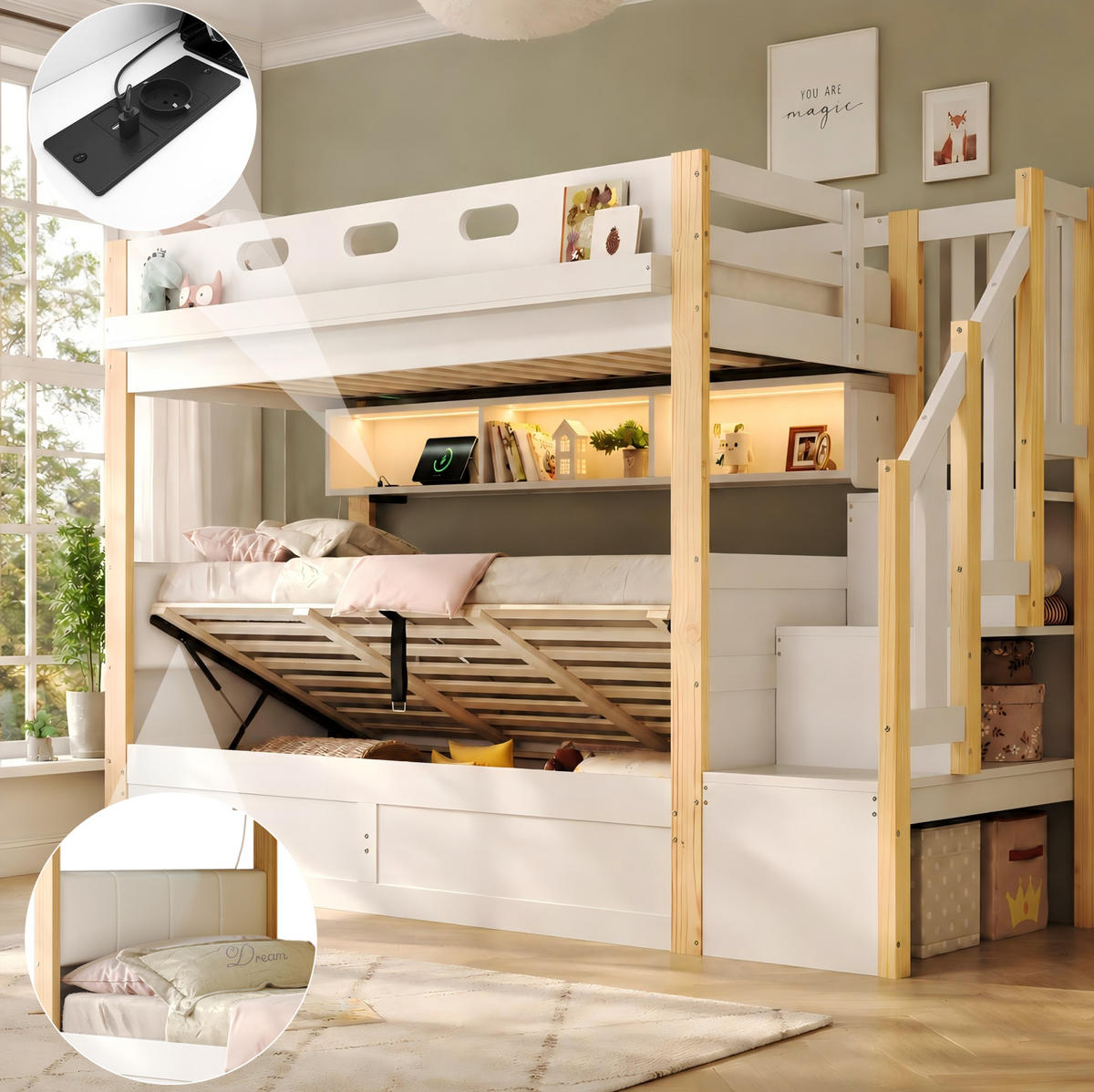 ETAGENBETT aus Kiefernholz und MDF 90x200+90x200 cm Weiß mit hydraulischem Unterbett, LED-Licht und Stauraumtreppe - Weiß, Holz (90/200cm) - Modfu