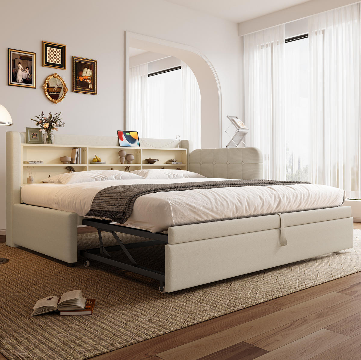 AUSZIEHBETT 90/180 x 200 cm in Beige mit USB- und Type-C-Anschlüssen, Ablagen - Beige, Textil (90/200cm) - Flora Grace