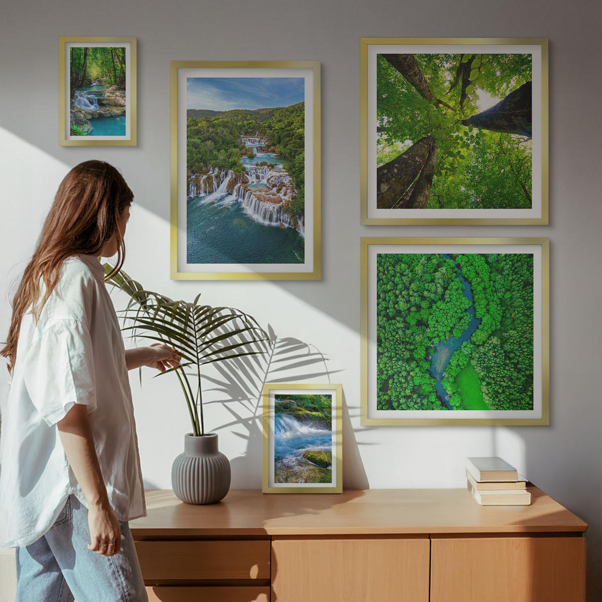 WANDBILDER 5er Set - 50x50 cm & 20x30 cm & 40x60 cm Goldrahmen - Strandwellen, Himmelsbrücke, Spaziergang - Goldfarben, Kunststoff (40/60cm) - ArtPrintCave