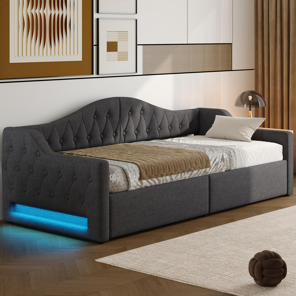 POLSTERBETT 90/200 cm aus MDF und Sperrholz mit Leinenbezug LED-Beleuchtung und Stauraum Grau - Grau, Holzwerkstoff (90/200cm) - Modenvie