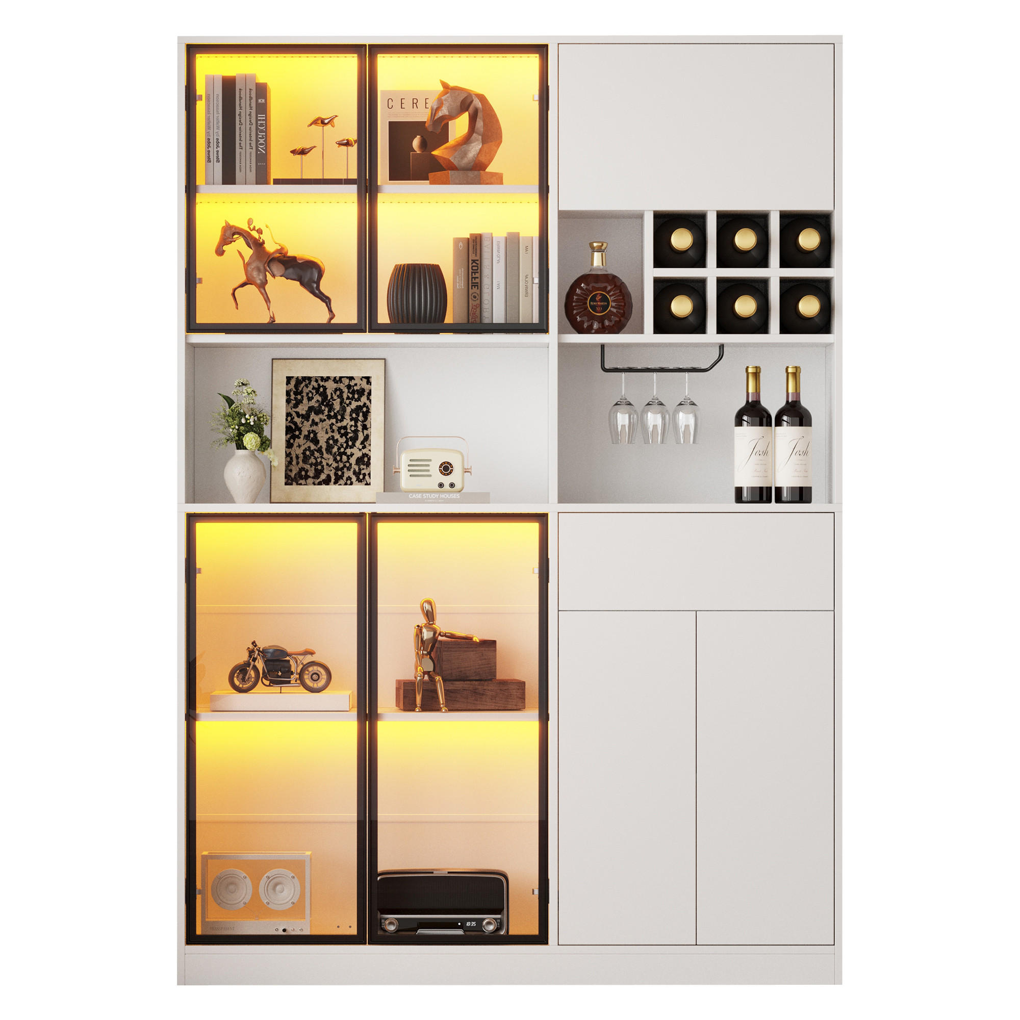VITRINE 140x30x200 cm Weiß LED 7 Türen Weinregal - Weiß, Holzwerkstoff (140/200/30cm) - FLIEKS