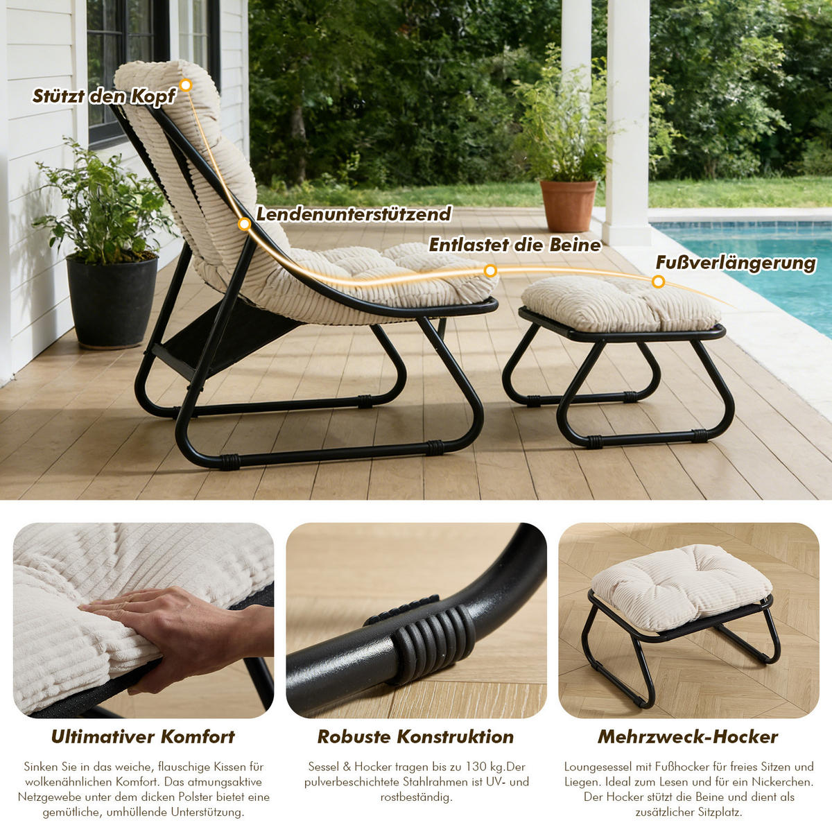 SESSELSET, Relaxsessel mit Hocker,Stahlrahmen,Cord,Weiß - Weiß, Metall (78/86/65cm) - LVHOM