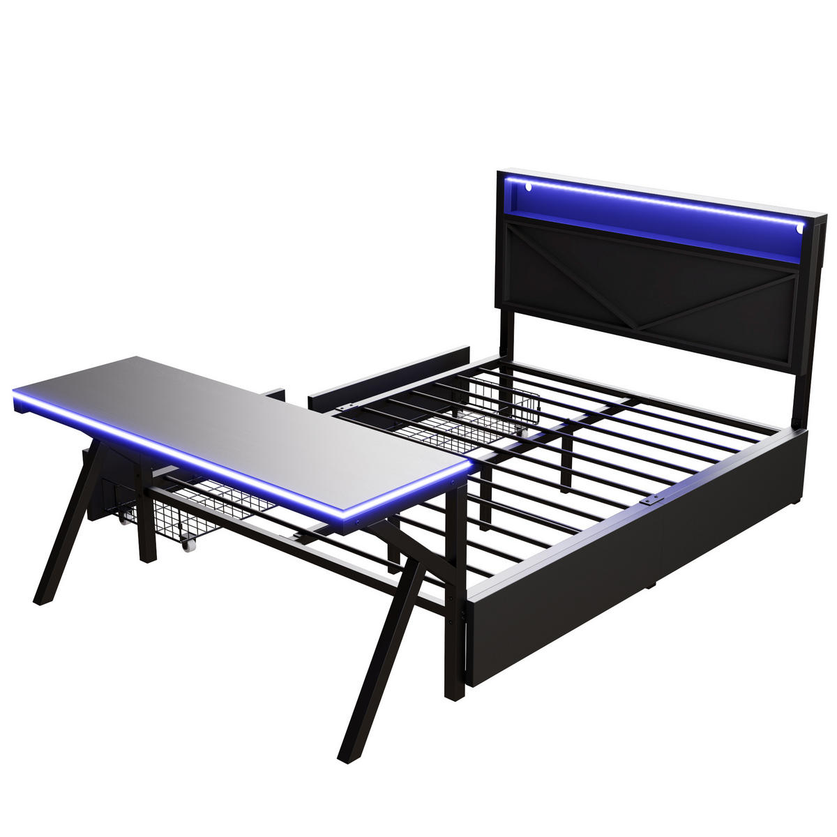 METALLBETT 140/200 cm in Schwarz mit 2 Schubladen, LED und Schreibtisch - Schwarz, Holzwerkstoff/Metall (140/200cm) - WISHDOR