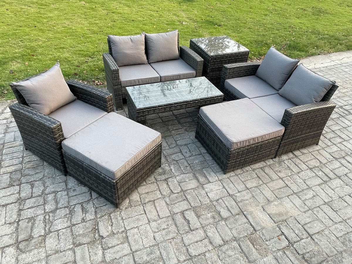 GARTEN SOFA SET MIT BEISTELLTISCH 2 HOCKER COUCHTISCH Polyrattan Dunkelgrau Gemischt 7-Sitzer - Dunkelgrau, Metall - Fimous